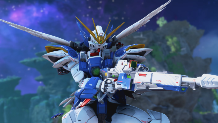 Apex Legends Wing Gundam Zero aiming with the Buster Rifle mid-flight
