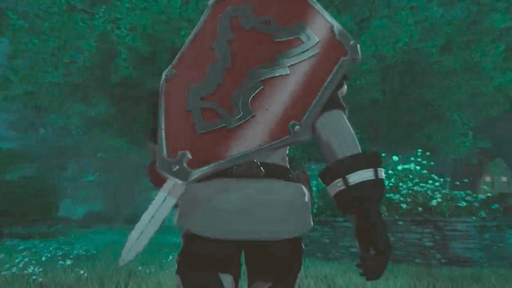 An screenshot from the teaser showing the character with a sword and shield