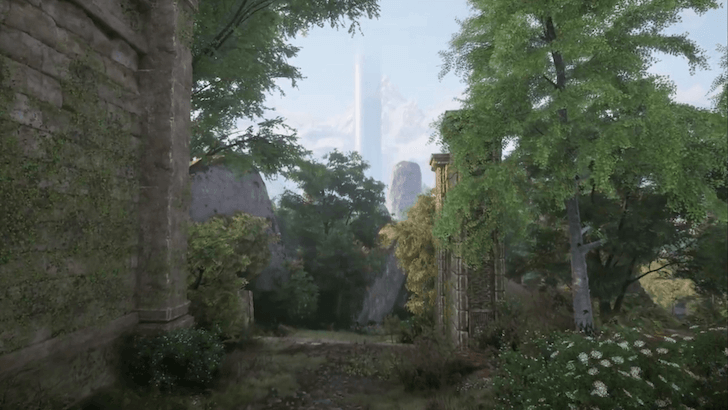 A screenshot from the teaser showing the landscape and the tower