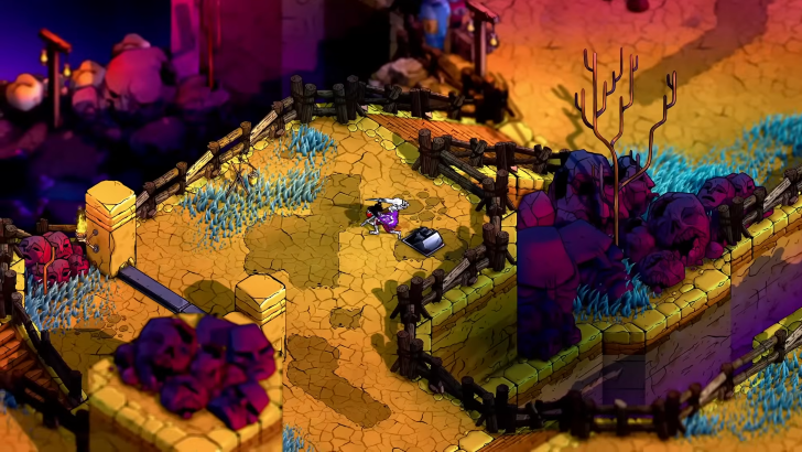 Blighted protagonist exploring a cliff area with yellow and dried-up ground, shriveled trees, and red rocks