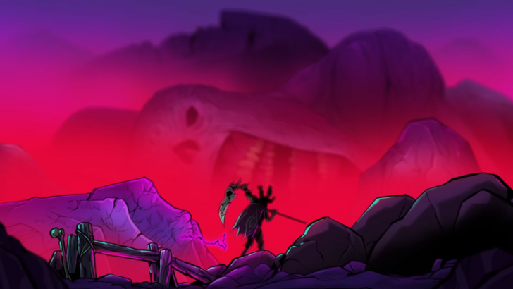 Blighted protagonist walking through a red mist-filled road, stone faces sink to the mist in agonized despair