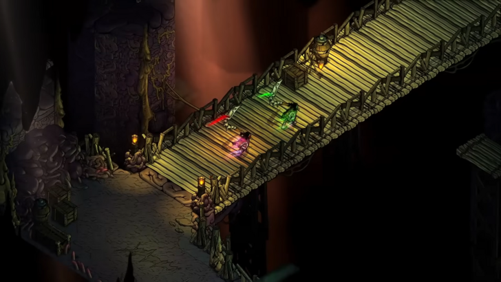 Blighted two players walking to a bridge in a dark cave illuminated by one ray of light, one has green garments while the other has purple