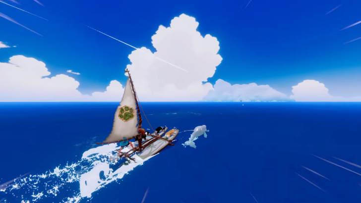 My Little Puppy Bong-gu and friends on a sailboat being pulled by a dolphin, blue sky and sea