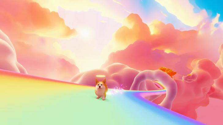 My Little Puppy Bong-gu running across a rainbow bridge, soft pastel sky and pink clouds in the backdrop