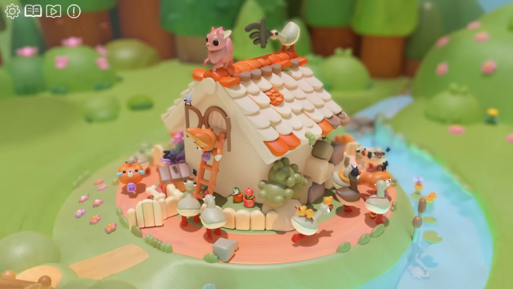 Woodo house diorama, filled with various paraphernalia, wooded area with a river stream running