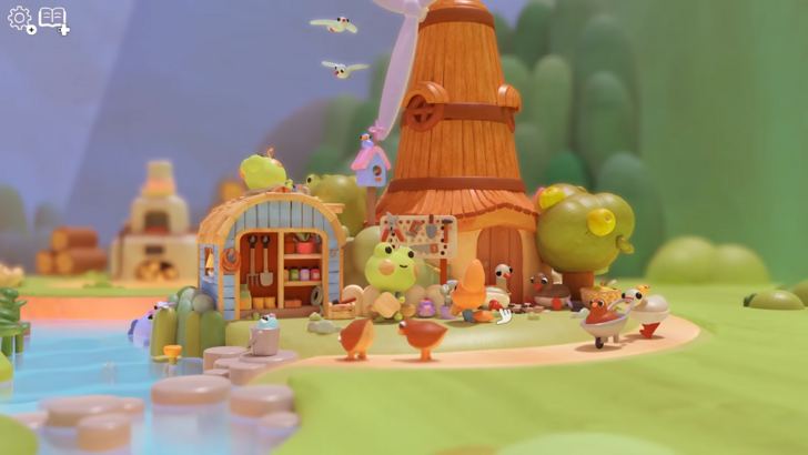 Woodo Ben the Frog in a wooden shop. wooded area with a river stream and a road