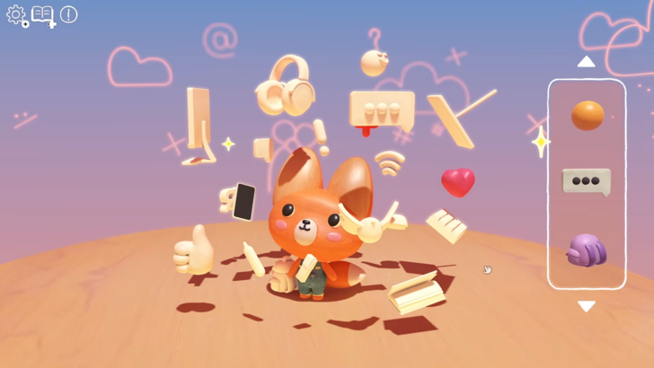 Woodo Foxy the Fox in a bluish pink gradient, looking at other wooden paraphernalia