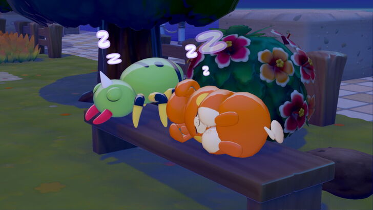 pokemon pokopia spinarak and pawmi sleeping on the bench