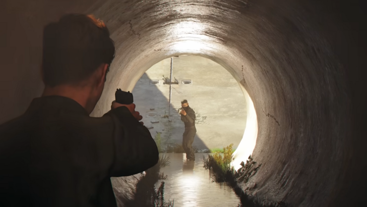 007 First Light James Bond aiming a gun at an enemy at the end of a circular tunnel, a small nod to the opening sequence of the movies where the character is seen through a round barrel