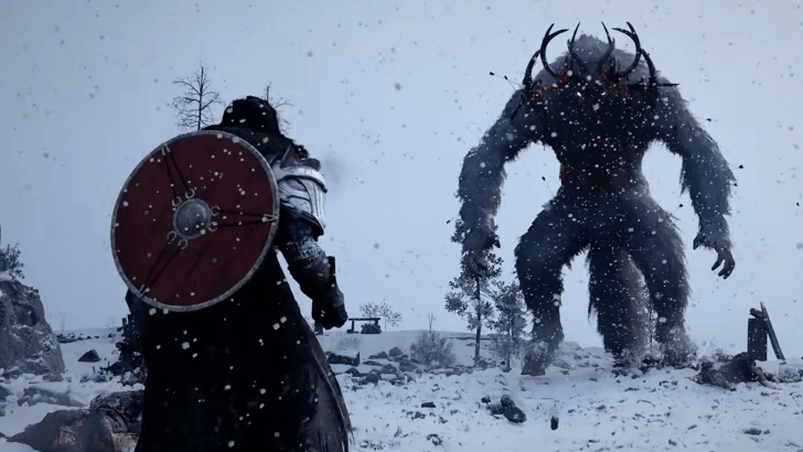 crimson desert facing giant snow monster