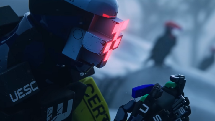 Marathon Rook looking at a piece of loot, snowy area