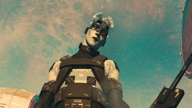 Marathon Assassin looking down the camera, an industrial complex lies beneath the star-dotted sapphire sky