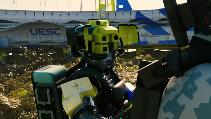 Marathon Recon traveling and speaking with its Assassin partner, UESC-owned industrial complex illuminated by a setting sun