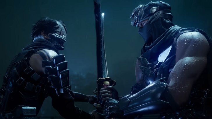 Ninja Gaiden 4 Yakumo and Hayabusa clashing blades, dark area with trees faintly seen