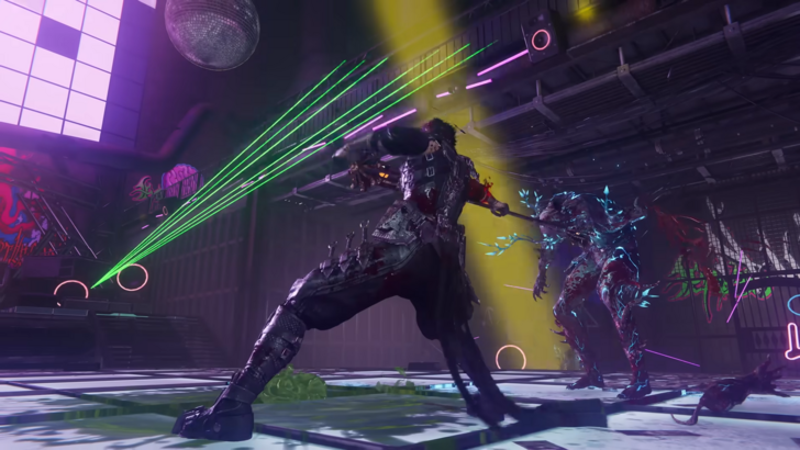 Ninja Gaiden 4 Yakumo stabbing an enemy in a neon-lit room