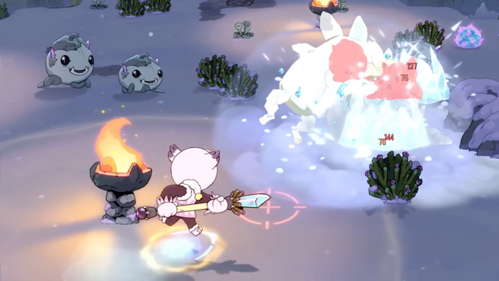 Rotwood Hunter using a staff to use ice attacks on opponents, icy area