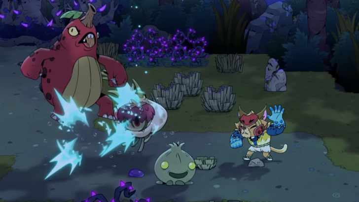 Rotwood Hunter with a blue gauntlet, unleashing attacks on two forest-themed monsters