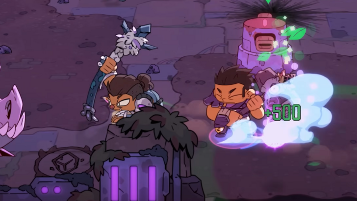 Rotwood two Hunters working together to fight enemies, one is holding a spear while the other has a hammer