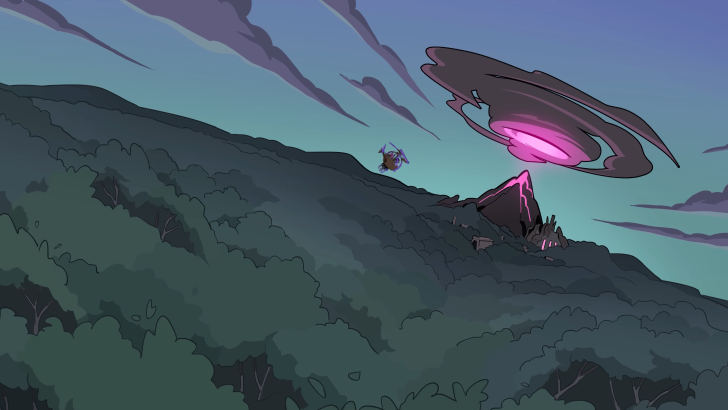 Rotwood forest with a volcano oozing purple magma, a cloud swirls above its apex, gleaming with pinkish-purple light