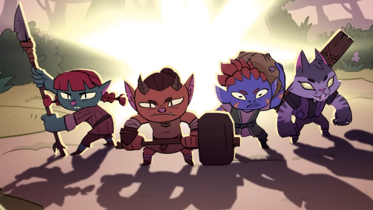 Rotwood four player Hunters lined together in battle stances, blinding light behind them casting their shadows to their front