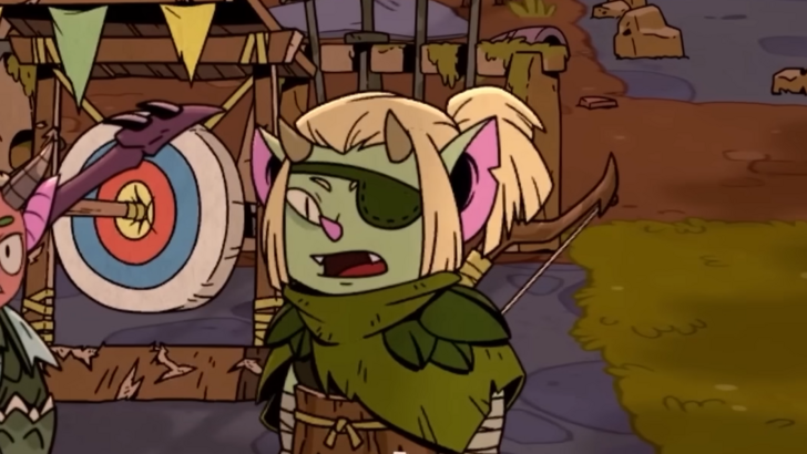 Rotwood Toot the Battlemaster talking in the camp