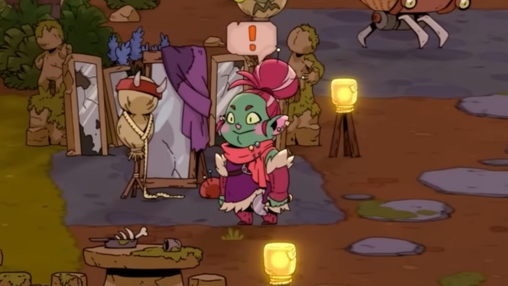 Rotwood Berna the Armourer standing in the base camp, an exclamation mark hovers above her