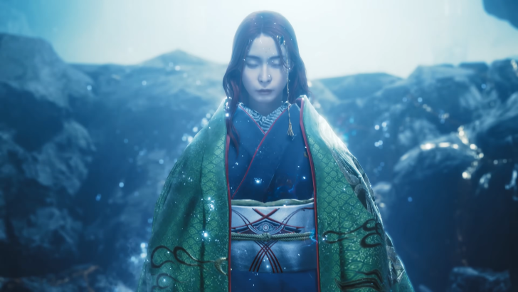 Onimusha: Way of the Sword Oni Lady eyes closed, set against a blue background