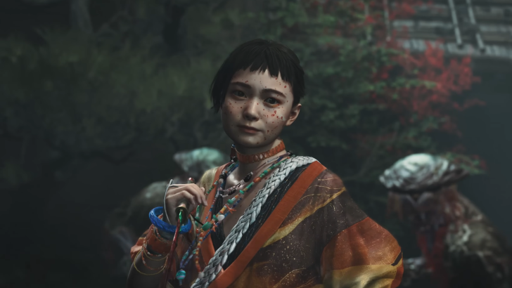 Onimusha: Way of the Sword Izumo no Okuni, clutching a necklace, Genma warriors stand behind her ready to strike the girl