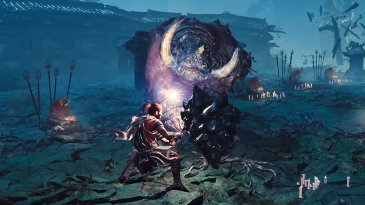 Onimusha: Way of the Sword Musashi blocking the attack of a giant, tusken pig-like beast