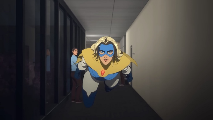 Blonde Blazer flying through the office hallway