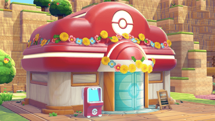 Pokémon Pokopia Pokémon Center decorated with floral garlands