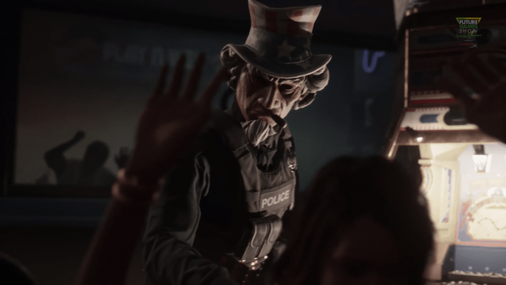 Ready or Not - A terrorist wearing a mask of Uncle Sam points his gun at an unseen individual