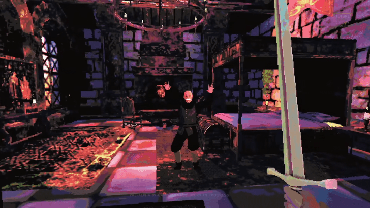 A bald man from the game Project Shadowglass holds his arms up in surrender