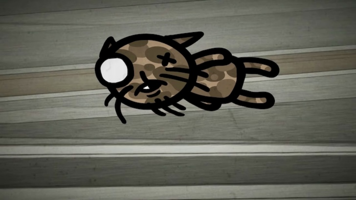 Dead cat with X eyes mid-air