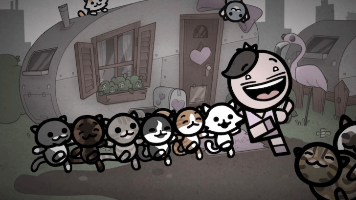 Character dancing with a long line of cats