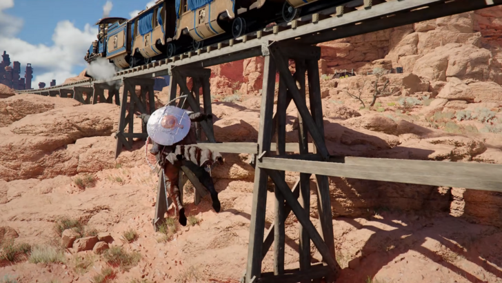 Crimson Desert Rappeling to a Train