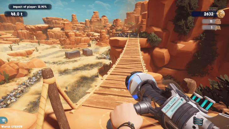 Player cleaning trash in a desert canyon