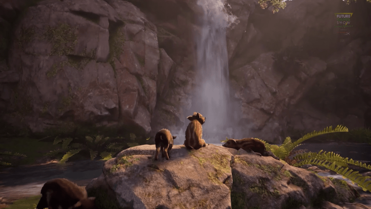 A baby boar sits on top of a rock near a waterfall, surrounded by other piglets
