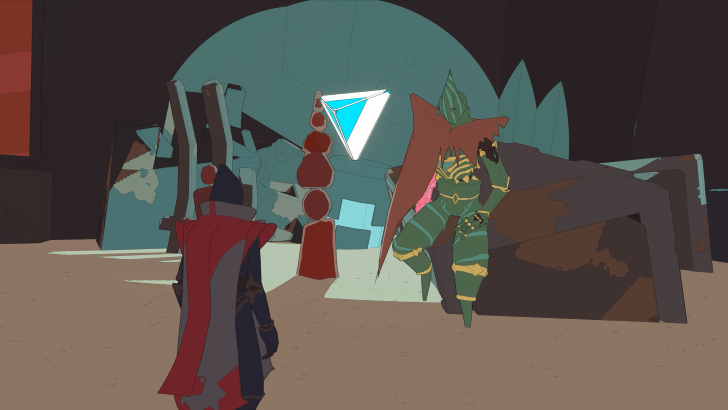 CALX - the Seeker stands in front of a Syro native wearing a red scarf