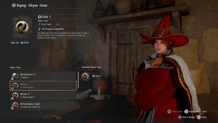 Crimson Desert mage to the right and a menu to equip Abyss Gear to the left