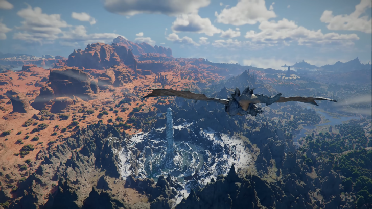 Crimson Desert dragon flying over a rocky biome