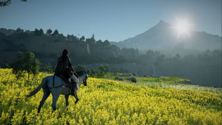 Crimson Desert Damiane riding a horse in a yellow field, a mountain is seen just beyond