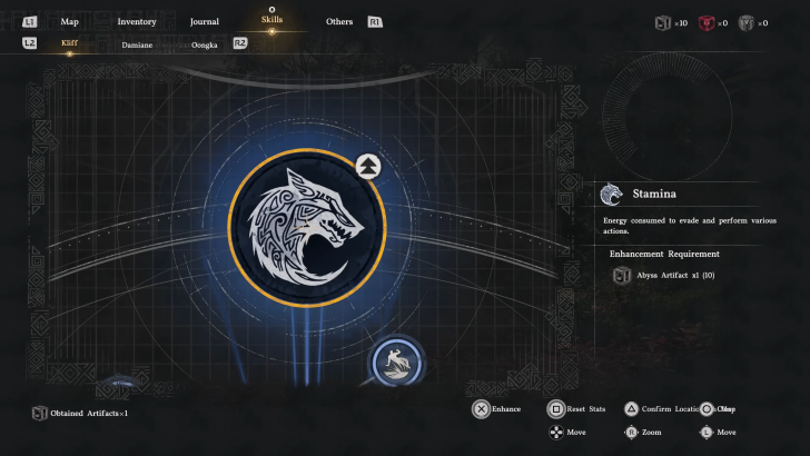 Crimson Desert stamina enhancement screen, a logo of a wolf in the middle