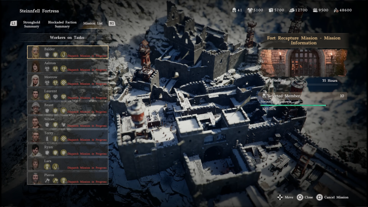 Crimson Desert Unit deployment menu to the left, a stronghold or fortress to the right