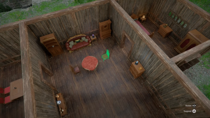 Crimson Desert moving a chair around inside the wooden home, isometric perspective