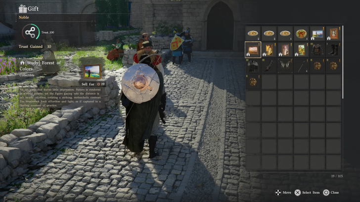 Crimson Desert gift-giving menu, Kliff is standing in front of a merchant