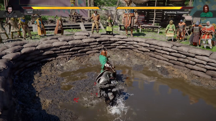 Crimson Desert Kliff and a wandering swordsman fighting in the mud, fighting genre-inspired HP bars at the top