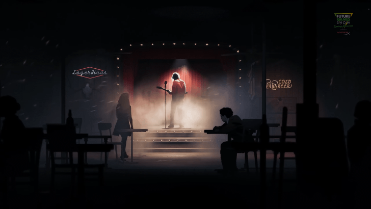 A moody scene of a bar with a guitarist playing onstage. A man in the foreground watches while slumped over a table
