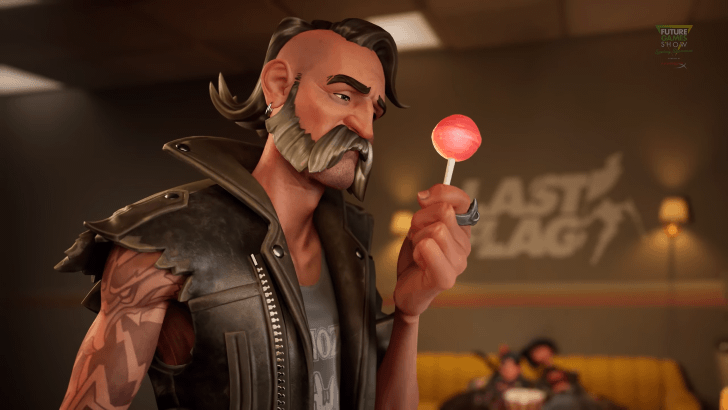Roadie from The Last Flag examines a pink lollipop