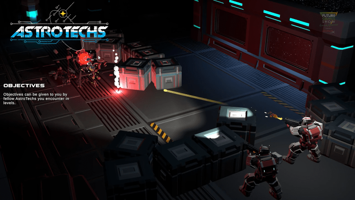 Two armored individuals gun down a hostile machine